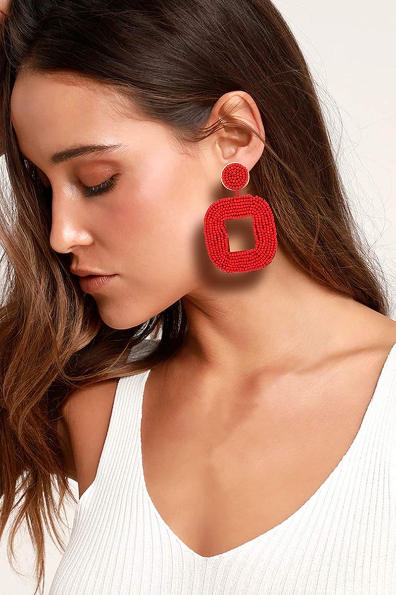 Boderier Beaded Drop Earrings Bohemian Beaded Square Dangle Statement Earrings (Red) - Image 2